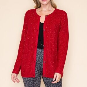 Rhinestone Button Down Cardigan- Red